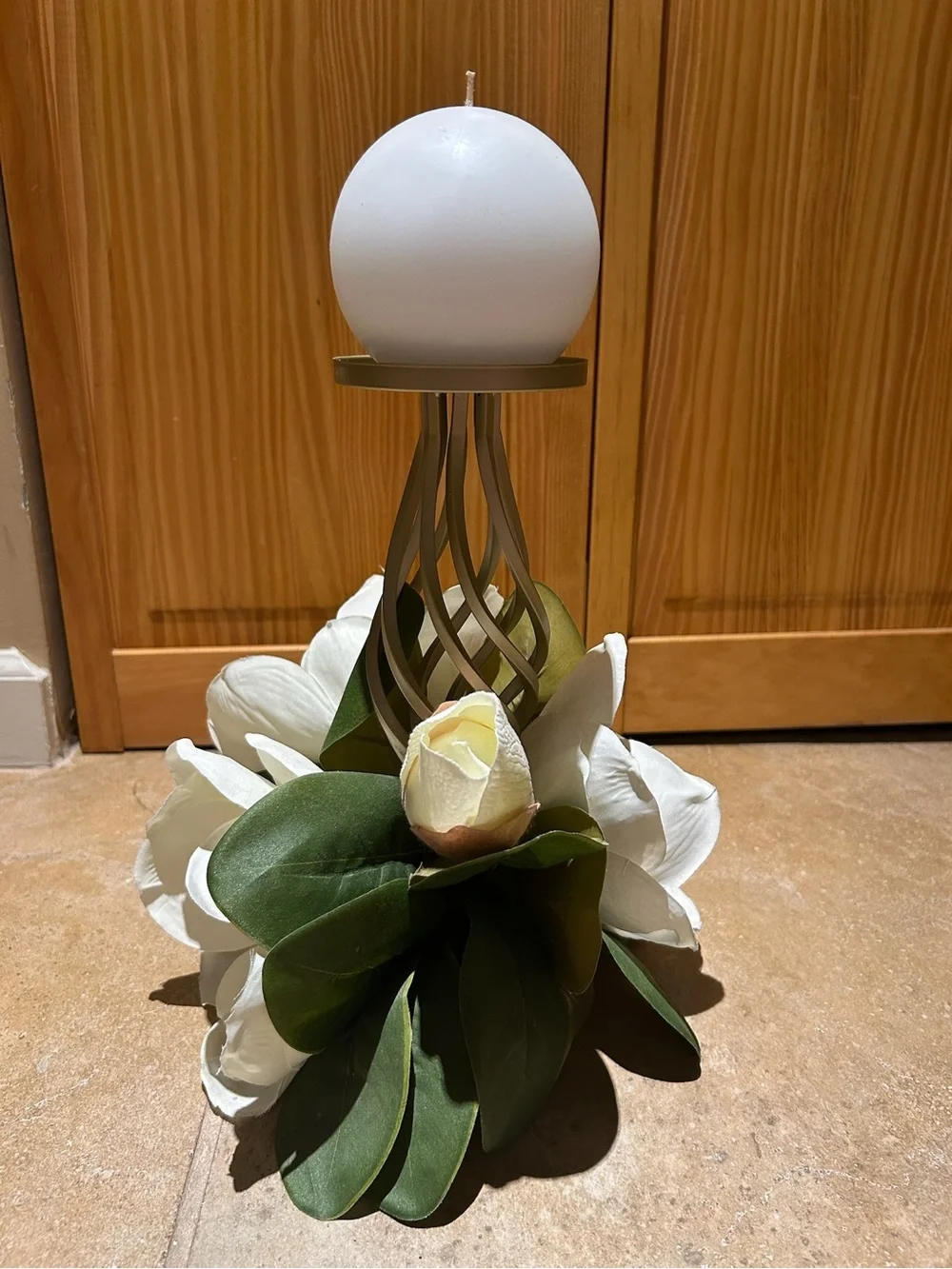 White Floral Magnolia Candle Holder with Green Leaves & White Candle- Home Decor